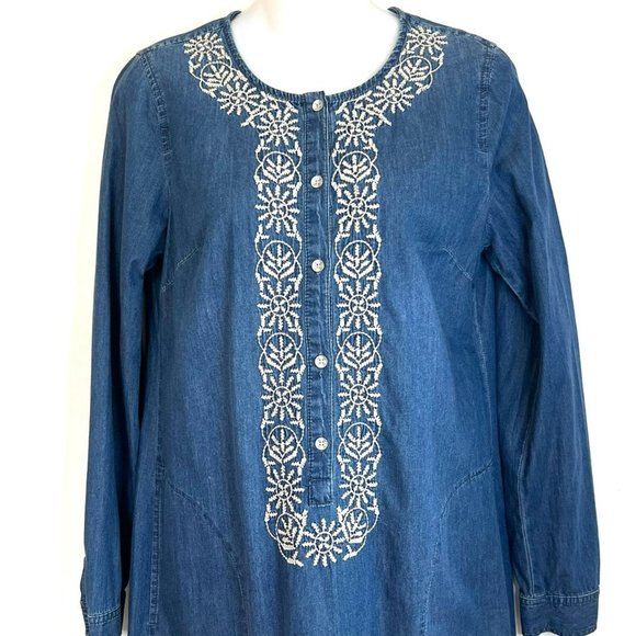 J.JILL CHAMBRAY BLUE SHIRT DRESS EMBROIDERED DETAILS SIZE XS - Picture 2 of 10